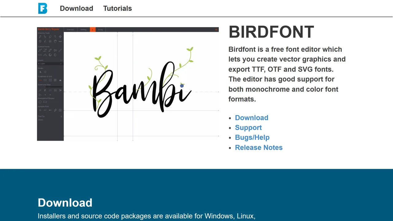 BirdFont, captura de setembro de 2026 O site do BirdFont, com o editor aberto numa fonte caligráfica