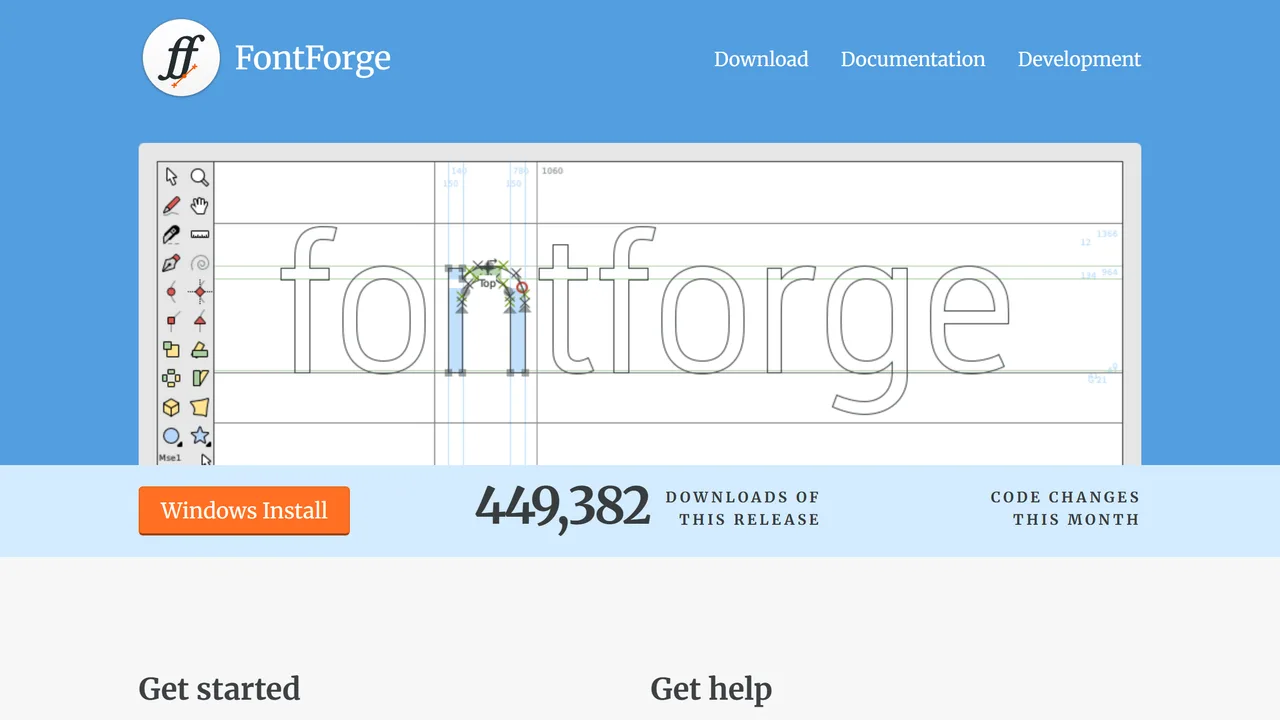 FontForge, captura de setembro de 2026 O site do FontForge, com o seu editor de glifos e o contador de descarregamentos
