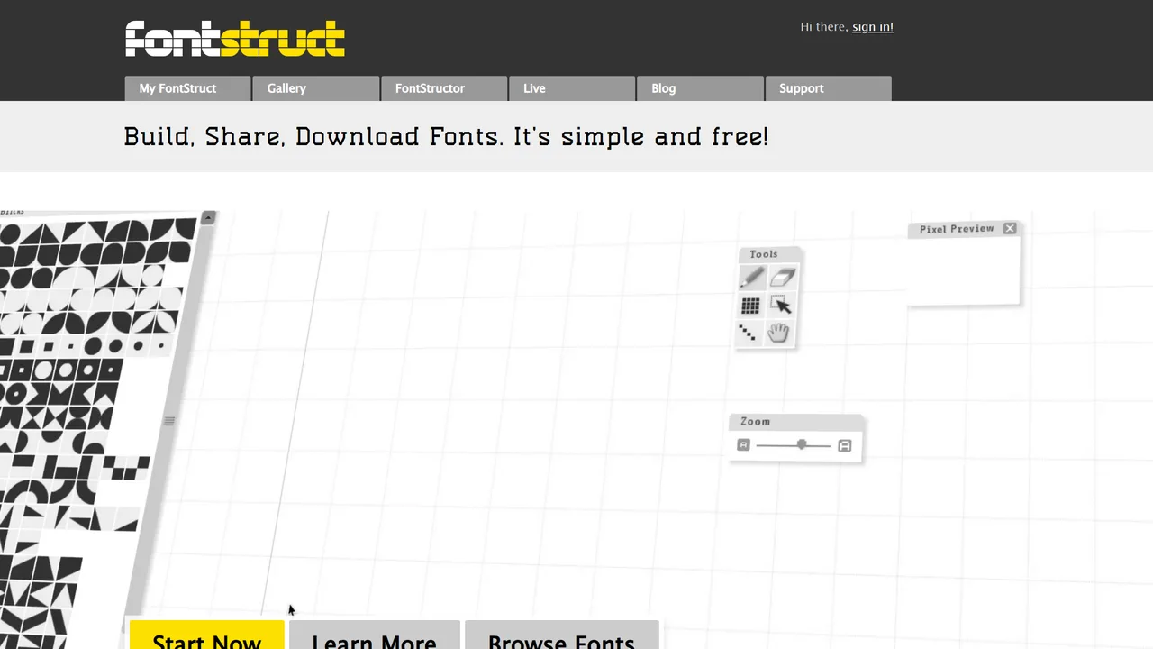 FontStruct, captura de setembro de 2026 O editor FontStructor, a construir um glifo com blocos sobre uma grelha