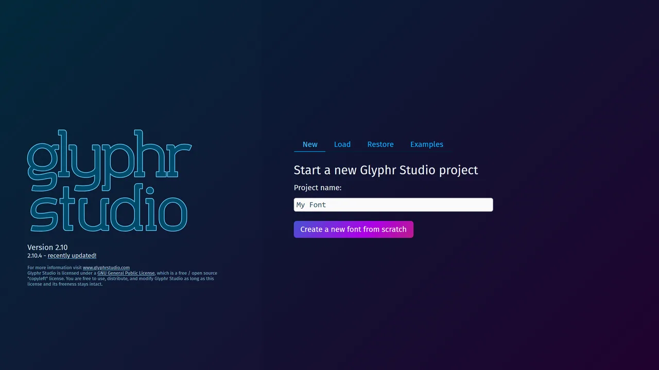 Glyphr Studio, captura de setembro de 2026 O Glyphr Studio na versão 2.10, ao iniciar um projeto novo no navegador